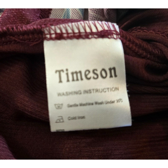 Timeson Blouse Women's 3XL Burgundy Floral Ruffle 3/4 Sleeve Round Neckline NWT - Picture 7 of 16